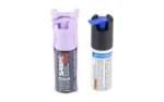 SABRE Quick Grip pepper spray, lavender and black canister shown beside rear label view