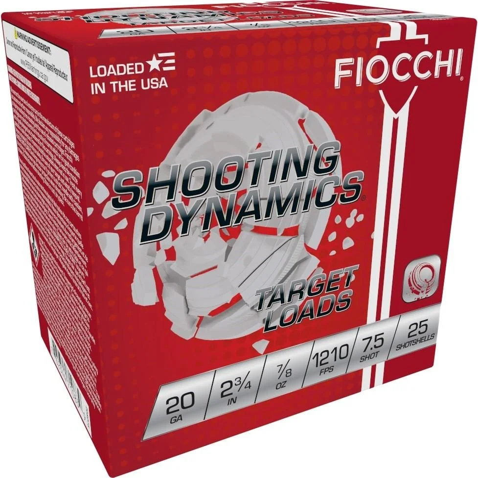 primary-41265 Fiocchi Shooting Dynamics Shotshells, red and white retail box, angled front view