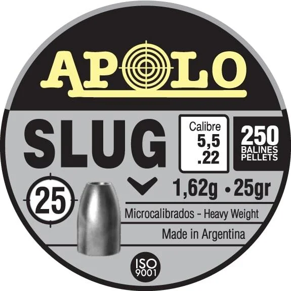 Hatsan Apolo Slug air rifle pellets, black and gray round tin lid with yellow logo and pellet graphic