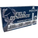 Fiocchi Field Dynamics rifle ammunition, angled front view of blue deer-graphic box