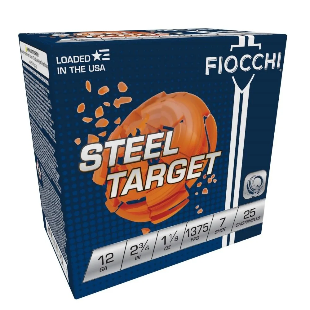 primary-41309 Fiocchi Target Steel Shotshells blue retail box, front three-quarter view