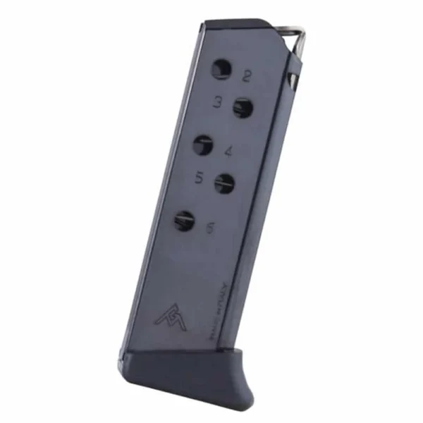 Mec-Gar Walther PPK Handgun Magazine blued side view with witness holes and black baseplate