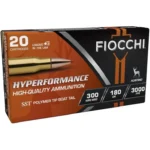 Fiocchi Hyperformance Hunt Rifle Ammunition, angled view of orange and black retail box
