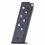 Mec-Gar Walther PPK magazine, angled side view with blued finish and numbered witness holes