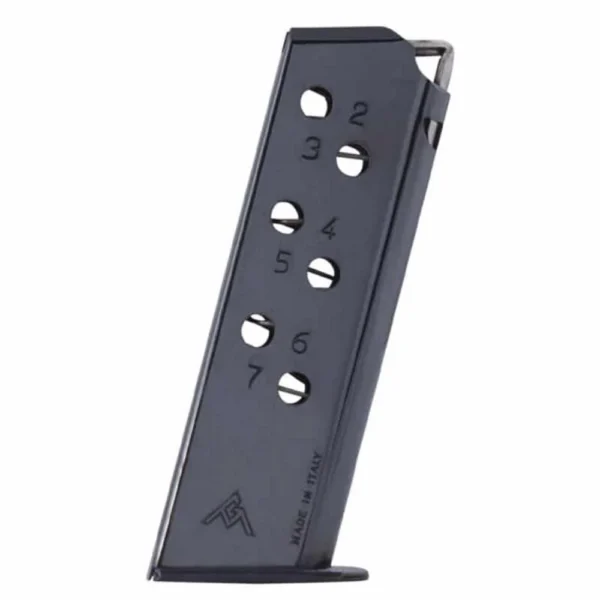 Mec-Gar Walther PPK magazine, angled side view with blued finish and numbered witness holes