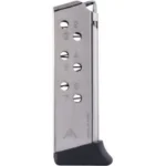 Mec-Gar Walther PPK magazine, nickel front view with witness holes and black base plate