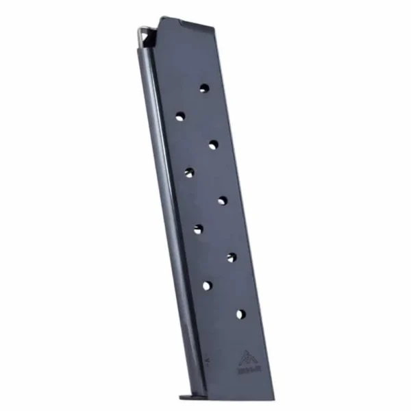 MEC-GAR 1911 Handgun Magazine, blued extended magazine in angled side view with witness holes