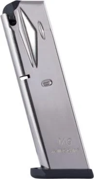 primary-41349 Mec-Gar Handgun Magazine Beretta 92FS M9, angled view in silver-tone finish with black base
