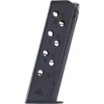 Mec-Gar Handgun Magazine Walther PP, angled side view of blued magazine with witness holes