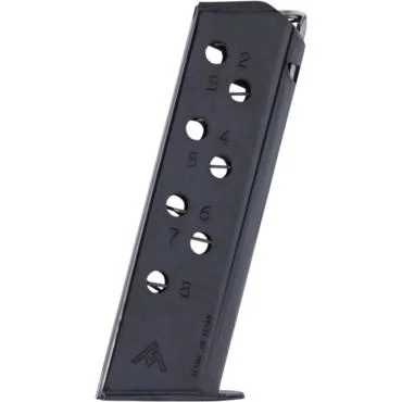 primary-41352 Mec-Gar Handgun Magazine Walther PP, angled side view of blued magazine with witness holes
