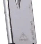 Mec-Gar Handgun Magazine, angled view with nickel body, black follower and black base plate