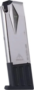 primary-41354 Mec-Gar Handgun Magazine, angled view with nickel body, black follower and black base plate
