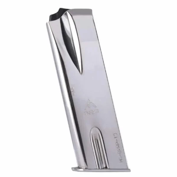 Mec-Gar Springfield SA-35 Browning Hi-Power magazine, silver angled front view