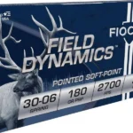 Fiocchi Field Dynamics rifle ammunition, angled blue box with deer graphic