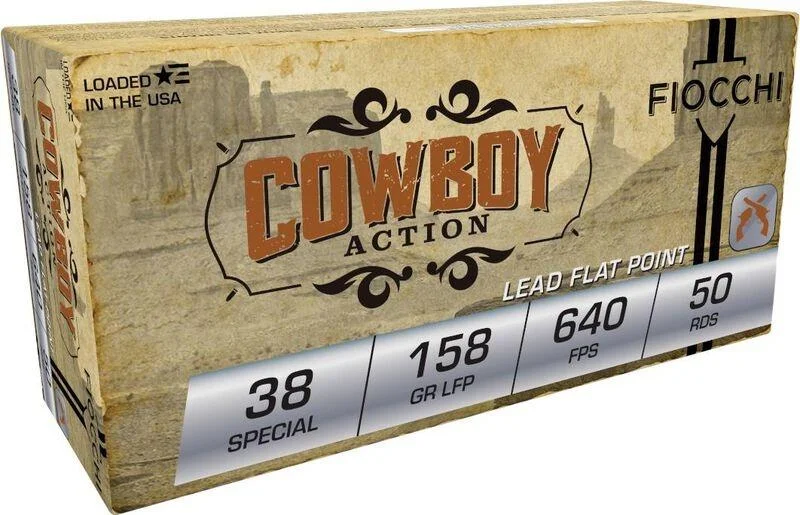 primary-41366 Fiocchi Cowboy Action handgun ammunition, angled tan box with orange label