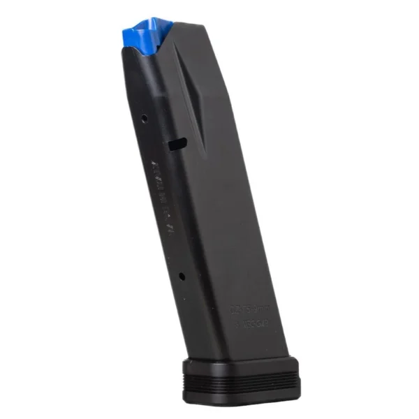 Mec-Gar Competition CZ 75B/85B/SP-01/Shadow/Shadow 2 Magazine, black side view with blue follower
