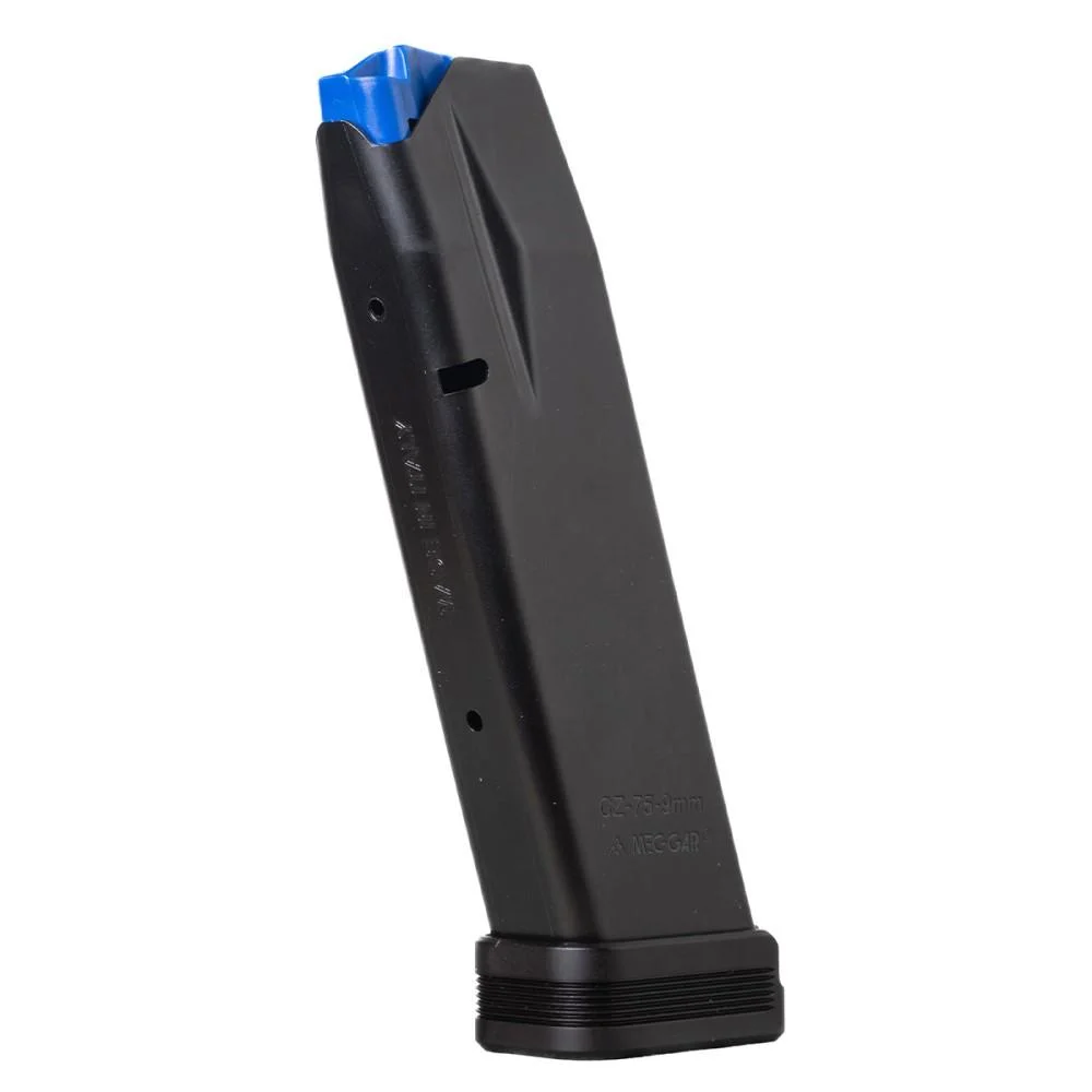 primary-41370 Mec-Gar Competition CZ 75B/85B/SP-01/Shadow/Shadow 2 Magazine, black side view with blue follower