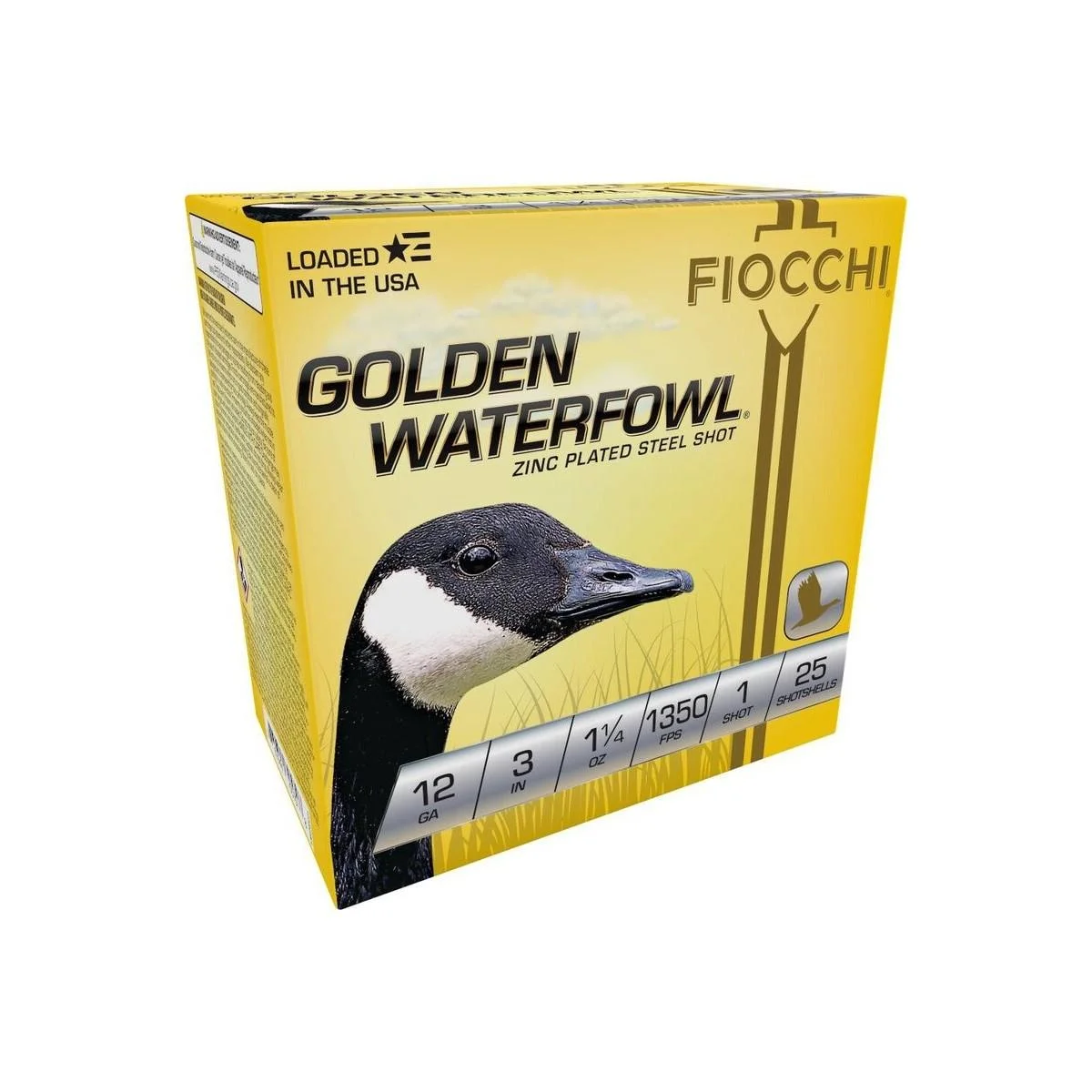 primary-41372 Fiocchi Golden Waterfowl Shotshells yellow box, angled front view with goose graphic