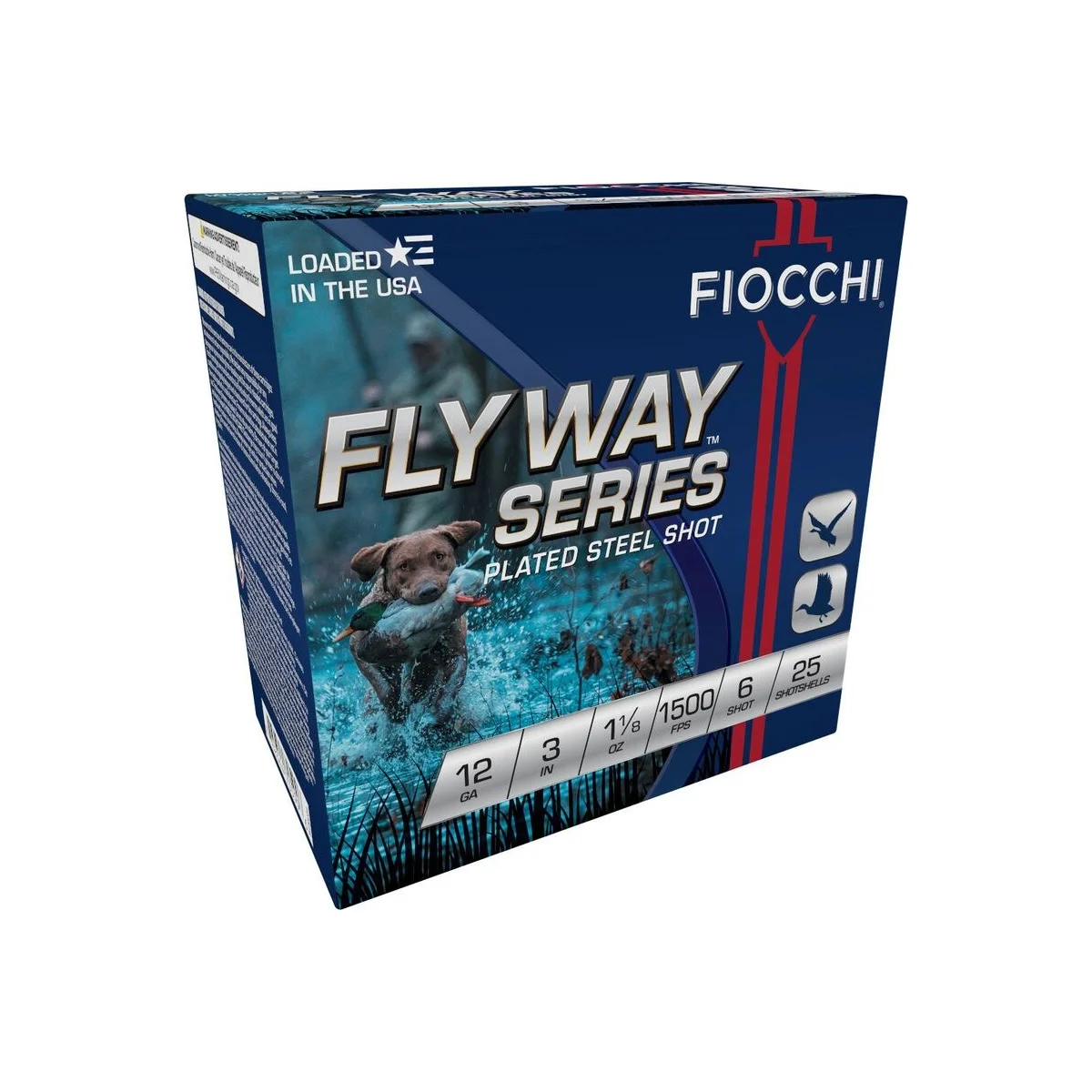 primary-41373 Fiocchi Flyway Series Shotshells blue box, angled front view with duck graphic and #6 label