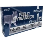 Fiocchi Field Dynamics Rifle Ammunition, blue V-MAX box shown from the front and right side
