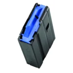 C Products Defense Inc. DuraMag AR-15 Rifle Magazine, angled top view in black with blue follower
