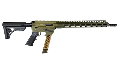 Freedom Ordnance FX9 PCC ODG right-side view with black stock, grip and long magazine