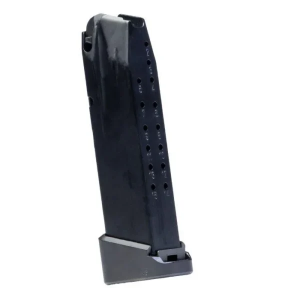 Century Arms Canik TP9 Elite magazine, black angled side view with extended baseplate