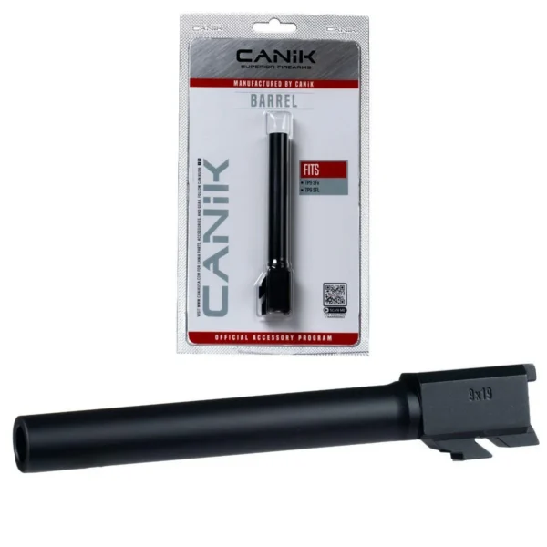 Century Arms Canik Steel Drop In Barrel black barrel with retail package, side view