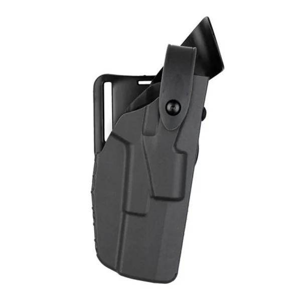 Safariland 7360 Holster, black, left-side angled view with belt mount and retention hood