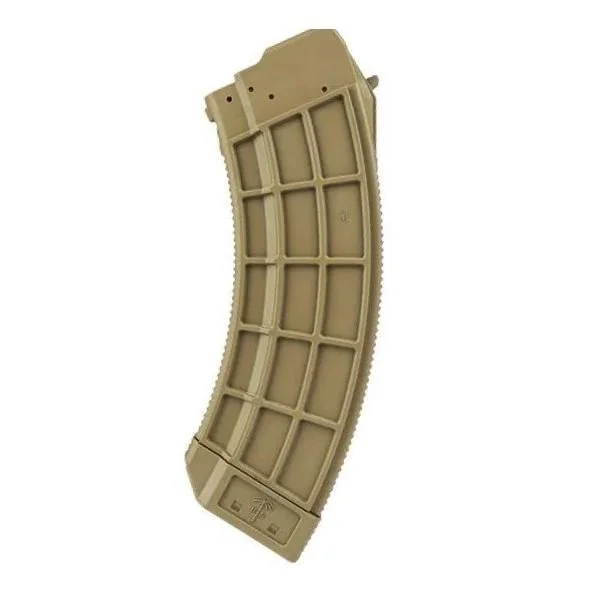 Century Arms US Palm AK30R Rifle Magazine, FDE, angled side view with ribbed body