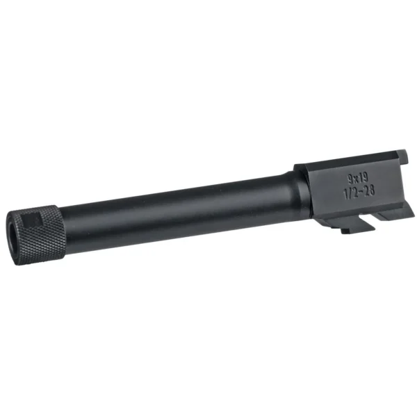 Century Arms Canik Threaded Barrel, angled view of black barrel with threaded muzzle and locking block