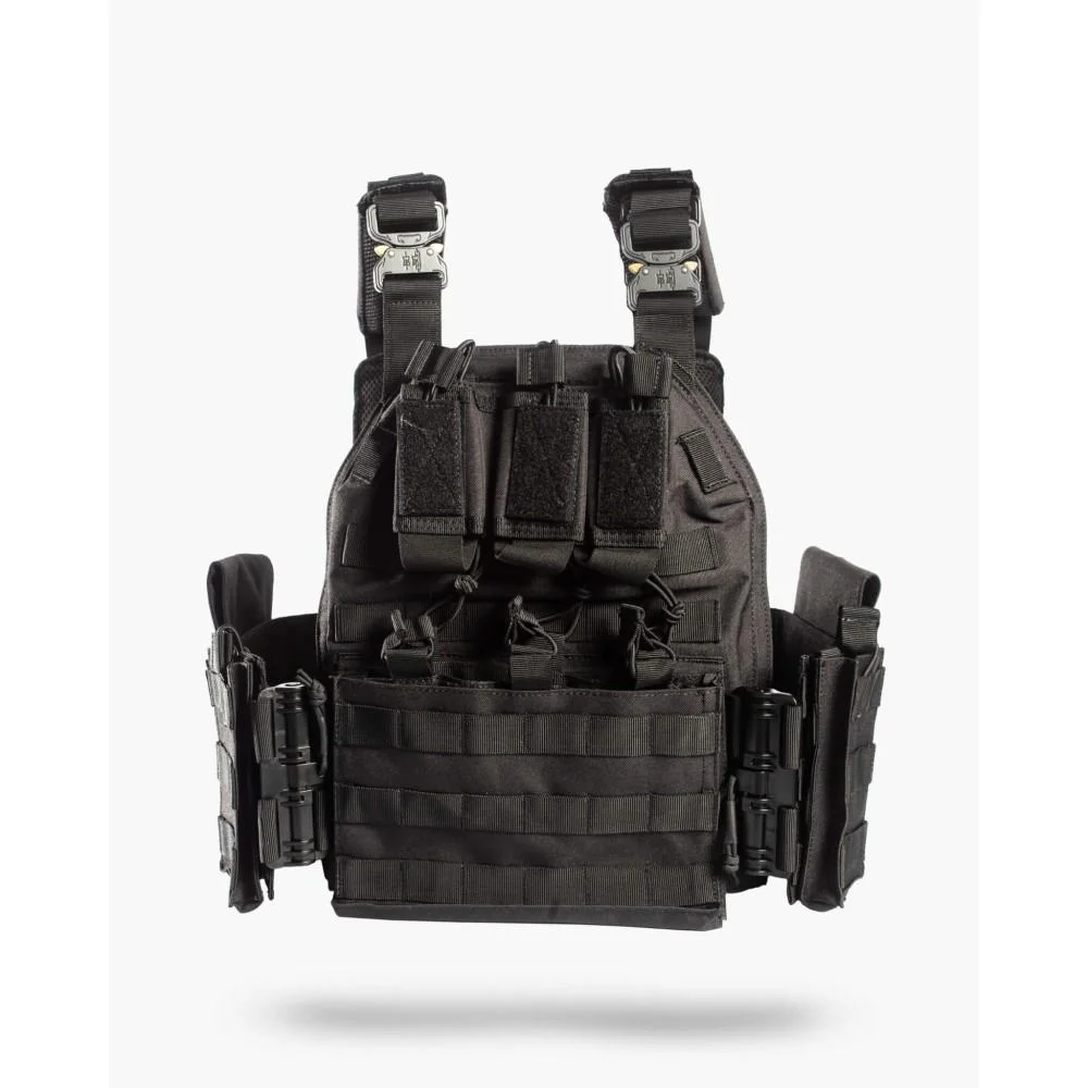 primary-41441 10 Ring Guard Dog Sheppard plate carrier in black, front view with pouches and quick-release buckles