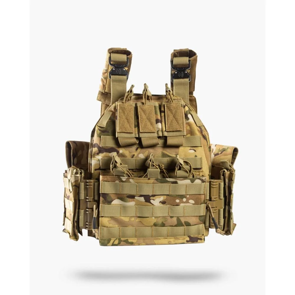 primary-41446 10 Ring Guard Dog Sheppard Plate Carrier, Multicam front view with pouches and shoulder straps