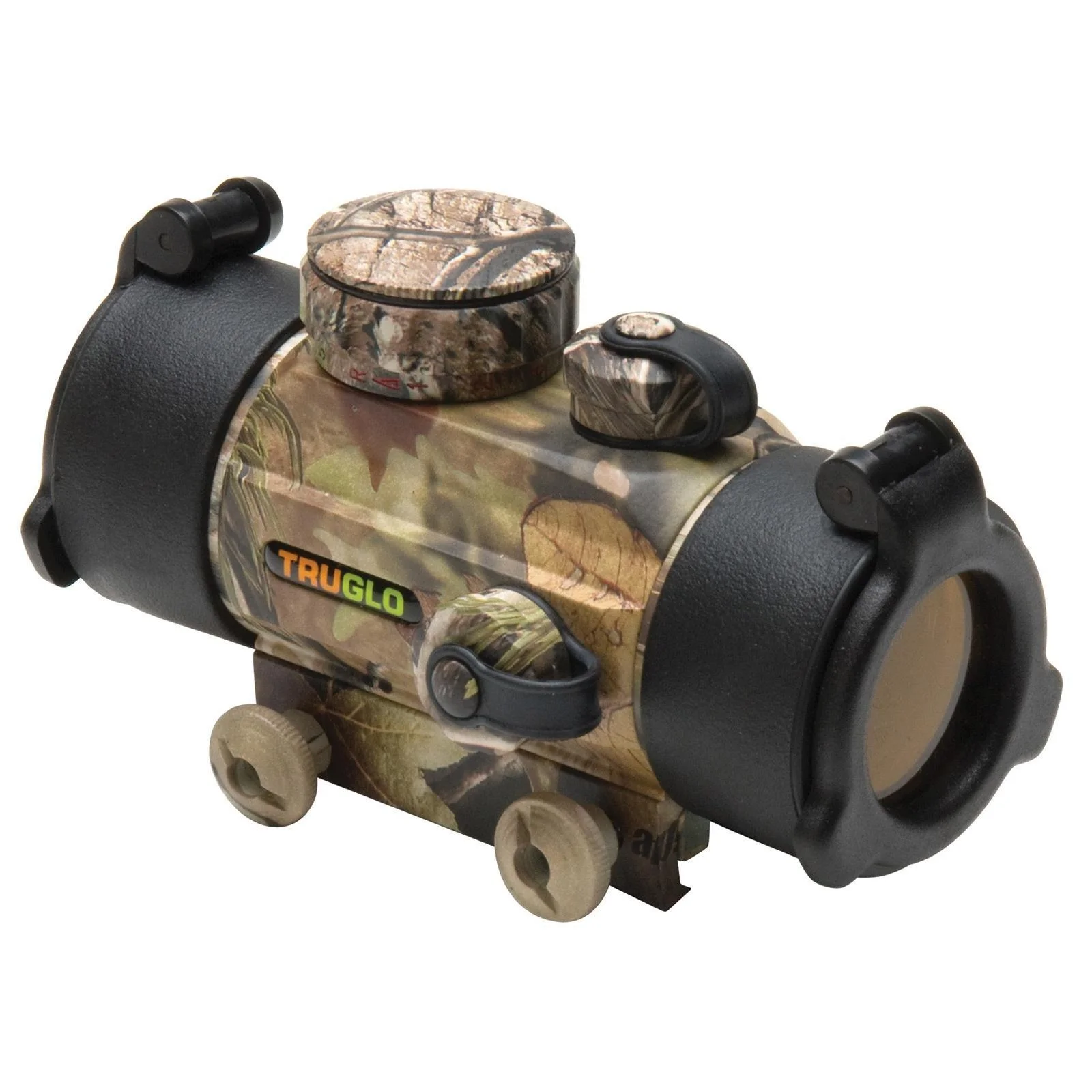 primary-41466 Truglo Traditional Red Dot Sight, APG camo right-side view with black lens caps and adjustment knobs