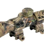 Truglo 4x32mm Compact Crossbow Scope, camouflage angled view with rings and reticle inset
