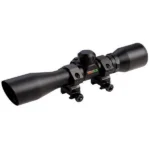 Truglo Compact Rifle Scope black scope with mounted rings, angled right-side view