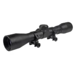 Truglo BUCKLINE rifle scope, black angled side view with adjustment turrets and mounting rings