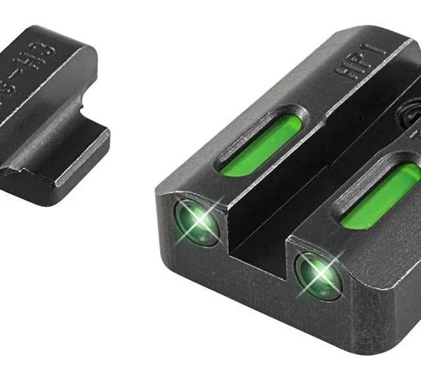 Truglo TFX sights, black front and rear sight set with green fiber-optic inserts, angled view