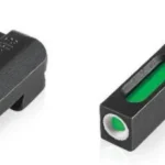 Truglo TFX sight set, angled view of black front and rear sights with green inserts