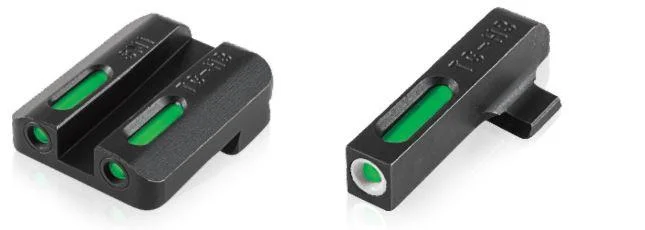 primary-41521 Truglo TFX sight set, angled view of black front and rear sights with green inserts