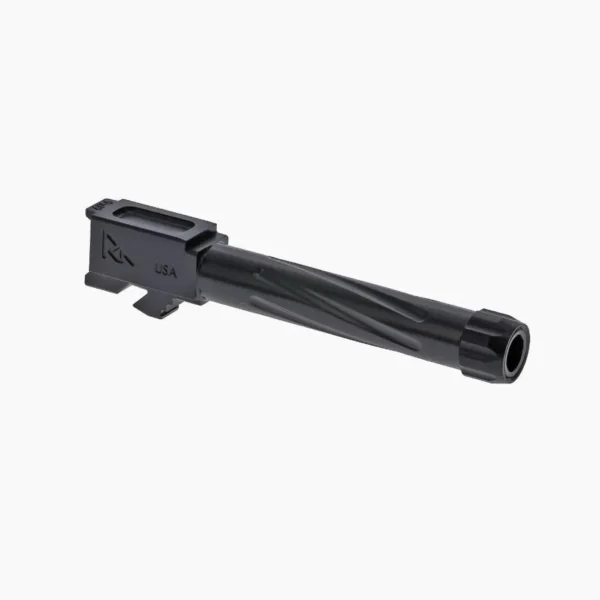 Rival Arms V1, black threaded pistol barrel in three-quarter view with fluted exterior