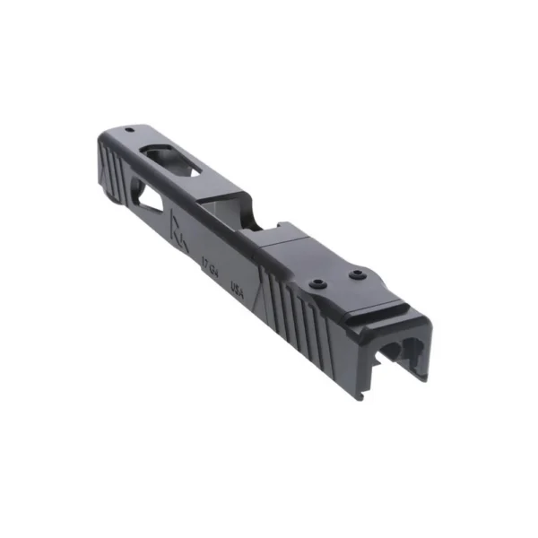 Rival Arms Slide for Glock Model 17 GEN4 A1 DOC black slide in angled top view with cutouts