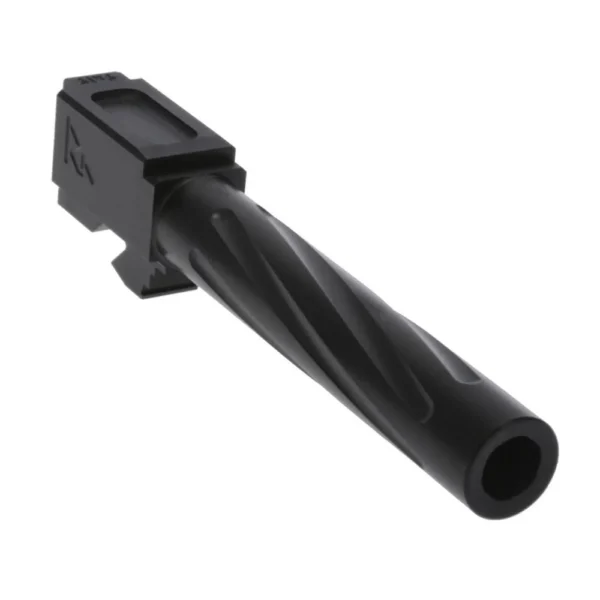 Rival Arms Barrel for Glock Model 17 GEN3/4, black angled view with fluted exterior and squared hood