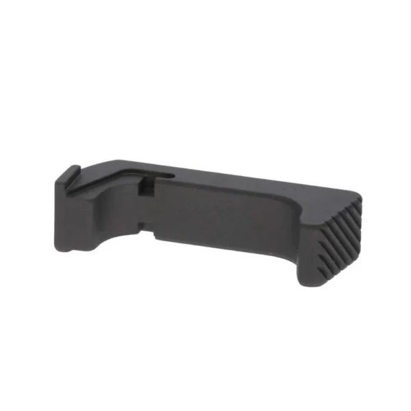 Rival Arms Extended Magazine Release for Glock Model 42, black angled view with ridged end
