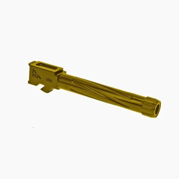 Rival Arms V1 Gold Threaded Barrel for Glock Model 17 Gen5, angled side view with fluted finish
