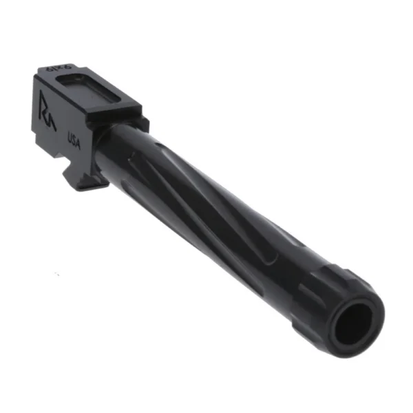 Rival Arms V1 barrel black angled view with fluted exterior, muzzle and squared rear block