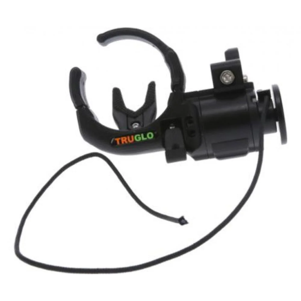 primary-41603 Truglo Hyper-Strike Bow Rest RH, black side view with curved launcher arms and attached cord