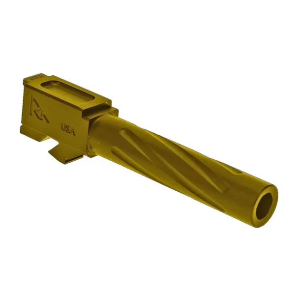 Rival Arms Standard Drop In Barrel for Glock 19 Gen 3/4, gold with spiral fluting, angled view