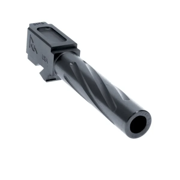 Rival Arms V2 Barrel for Glock Model 19 Gen3/4, stainless PVD angled view with spiral fluting
