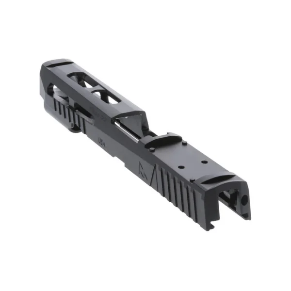 Rival Arms Sig P320 XFIVE Slide black slide, angled top and right-side view with cutouts
